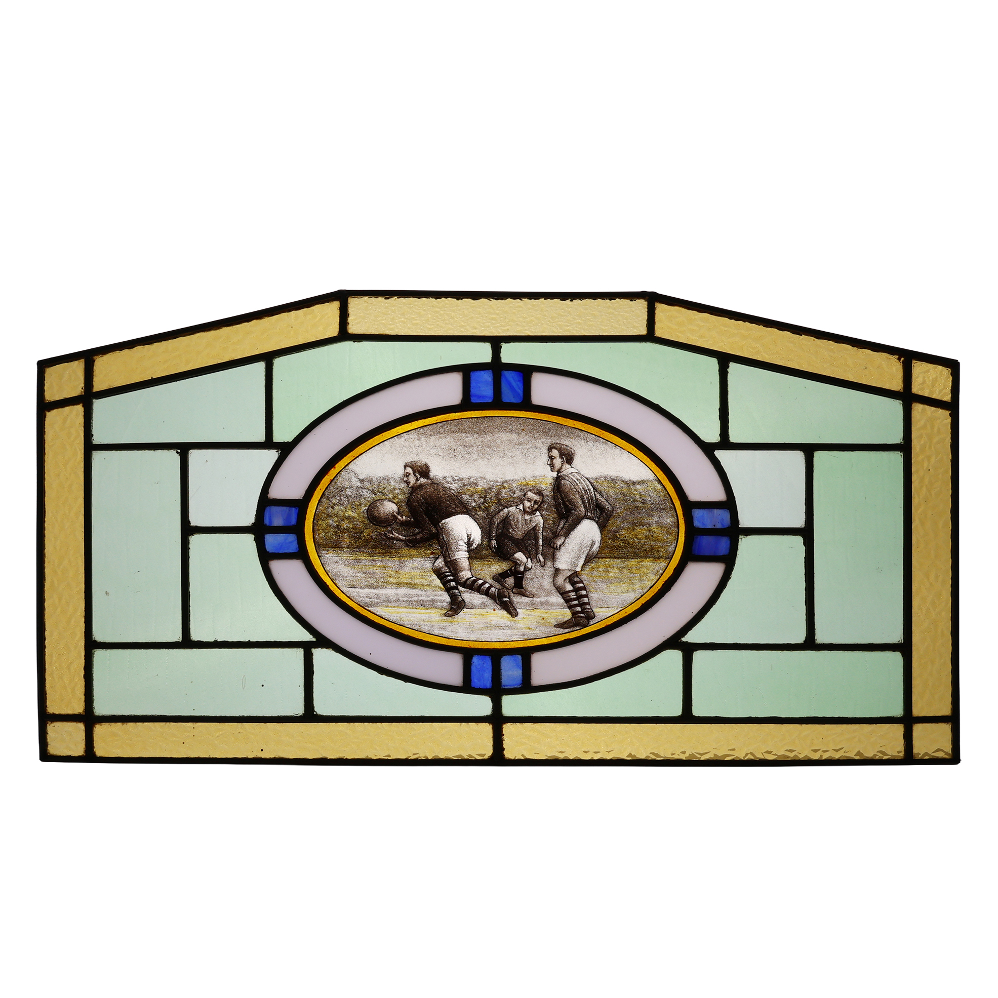Art Deco Stained Glass Panel Depicting Early Football Scene, Belgium ca. 1910-img
